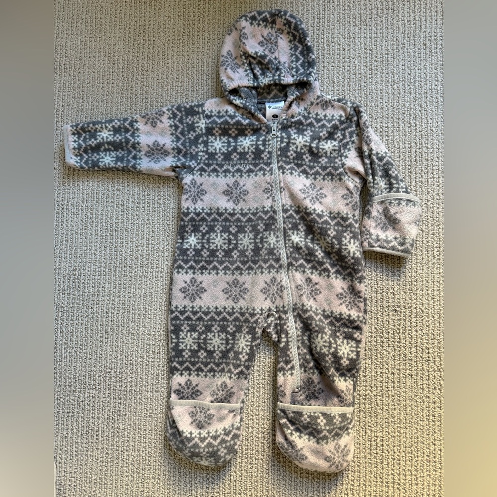 Columbia Baby 18M Bunting Fleece Snowsuit Hooded Gray Pink Snowflake